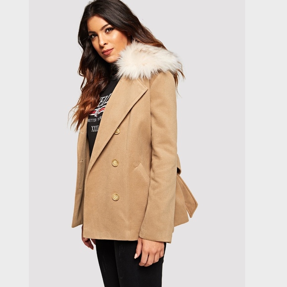 Faux Fur Belted Double Breasted Jacket In Camel - Picture 5 of 9